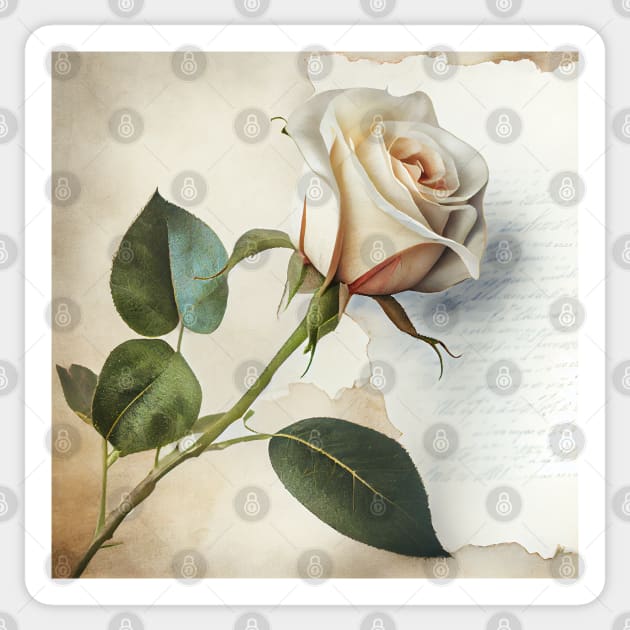 Vintage Style Single white rose on a page Sticker by Danielleroyer